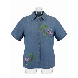 QUACKER FACTORY Cotton Denim Flamingo Embroidered Button Up Size Large